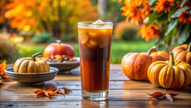 Photo of a refreshing glass of iced pumpkin spice latte sits on a wooden table outdoors, surrounded by mini pumpkins, autumn leaves, and vibrant fall flowers