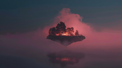 Fototapeta premium Glowing island floats ethereally amidst twilight scene evokes sense of dreamlike wonder and surreal tranquility