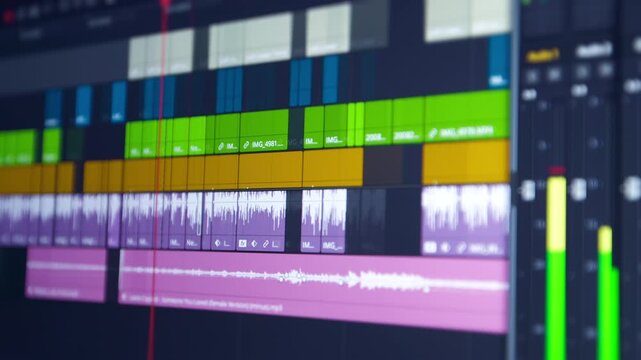 A timeline for editing video frames on a screen.
Production of visual components. Software interface.