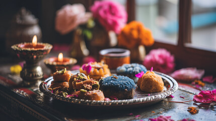 Decorative Food Offerings and Diyas During Tihar Festival in Nepal – Sacred Lights, Traditional Sweets, and Cultural Heritage with Joyful Festive Atmosphere