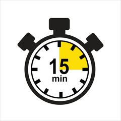 15 Minutes Timer Icon, Modern Flat Design. Clock, Stopwatch, Chronometer Showing ten Minutes Label. Cooking time, Countdown Indication