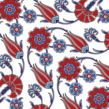Traditional Turkish Iznik tile pattern with floral and geometric motifs, seamless ornamental background for interior, textile and ceramic design.