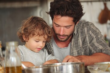 Father and Son Cooking Together: A Sweet Moment of Sharing Smells in the Kitchen