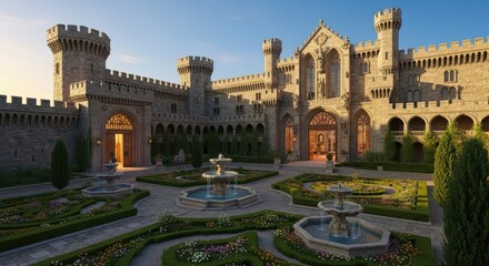 Fototapeta premium Majestic medieval castle with courtyard fountains at sunset
