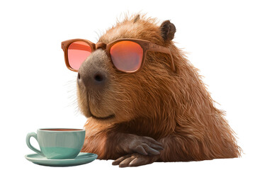 grumpy capybara in vibrant sunglasses sitting with an elegant cup of hot drink is isolated over white (transparent) background