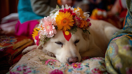 Tihar Festival Nepal – Dog with Floral Crown and Tika Sleeping Peacefully During Hindu Festival of Lights Ritual Honoring Animals with Love and Respect