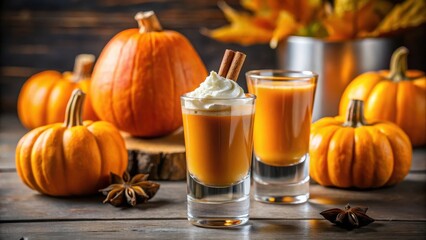 Photo of two glasses of pumpkin spice drink, topped with whipped cream and cinnamon sticks, surrounded by small pumpkins and autumn leaves.