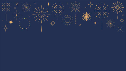 Gold fireworks border. 2026 New year celebration. Firework confetti starburst. Festive line art © yabluko_draws