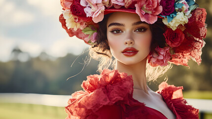Fototapeta premium Elegant woman at horse racing carnival wearing fashionable colorful flower hat and retro fancy dress, stylish Melbourne Cup fashion illustration with racetrack background, modern spring sports event a