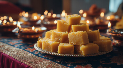 Tihar Festival Nepal – Traditional Yellow Sweets and Mithai Served with Diyas During Hindu Festival of Lights Celebration in Homes
