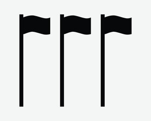 Triple Flag Poles Icon. Three flags pennant on pole waving as sports marker or country insignia. Black White banner wave shape sign symbol silhouette