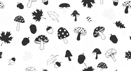 Whimsical forest pattern with monochrome leaves mushrooms and acorns for unique designs