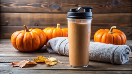 Photo of a healthy pumpkin smoothie in a shaker bottle, placed on a wooden table with pumpkins and a rolled towel, representing a nutritious fall beverage option