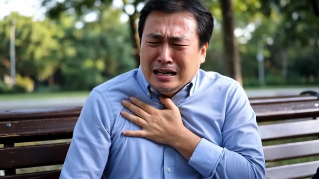 Asian businessman experiencing chest pain and breathing difficulty while sitting on park bench during daytime