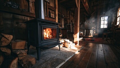 Warm cabin interior with wood stove