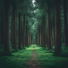 Fototapeta premium A path through a dense, verdant forest. Tall, straight trees line the way, disappearing into a misty distance. Soft green moss carpets the ground