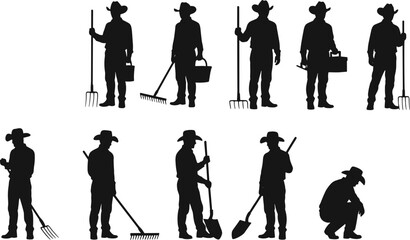 Obraz premium Silhouette set of farmers and ranchers holding garden tools, buckets, shovels, rakes, hats, outdoor rural workers vector illustration