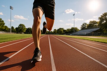 Fototapeta premium Runner sprinting on outdoor athletics track at sunset