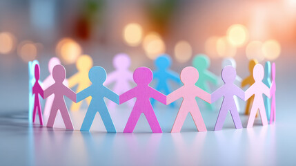 Colorful paper cutout figures holding hands in a circle, symbolizing unity, teamwork, diversity, and community. Perfect for social campaigns, NGO projects, corporate branding, and education.