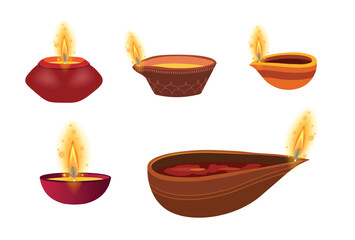 Diwali diya lamps on transparent background realistic vector set of Deepavali or Divali light festival. Indian Hindu religion oil lamps or lanterns with burning candle wicks and rangoli decoration