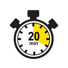 20 Minutes Timer Icon, Modern Flat Design. Clock, Stopwatch, Chronometer Showing ten Minutes Label. Cooking time, Countdown Indication