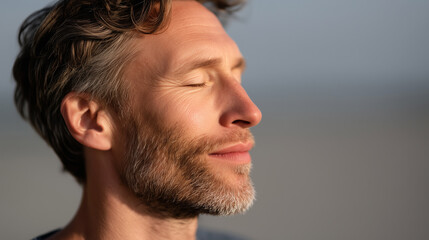 Fototapeta premium Peaceful portrait of man enjoying calm breathing moment