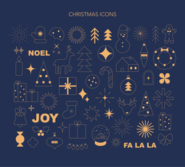 Christmas and New year line icons. Luxury elegant minimal christmas golden outline icons