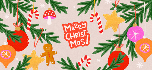 Merry Christmas and Happy New Year greeting card or banner. Modern beautiful Xmas design with typography, Christmas tree branches, balls and toys, snowflake pattern. Art poster, cover, decor templates
