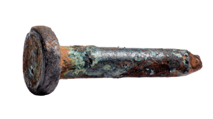 Rusted nail with patina background isolated on a Transparent background, PNG file.