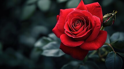 Red Rose Macro Shot on Dark Green Background with Shallow Depth of Field for Floral Design and Romantic Concept
