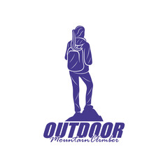 Mountain climber hiker silhouette, Hiker mountain climber adventure logo design vector template