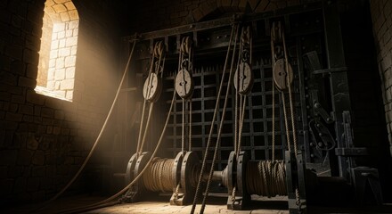 Ancient castle portcullis with sunlit stone wall and pulley system