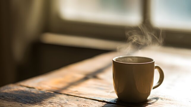 A steaming coffee cup on a rustic wooden table, bathed in soft morning light.