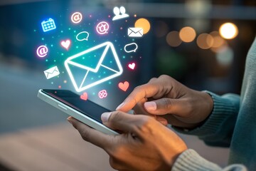 Digital marketer using email marketing tools on laptop and smartphone, sending newsletters and analyzing campaign performance to engage subscribers and grow business through personalized content