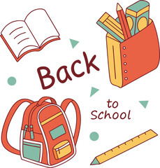 Colorful school icons, vectors, and illustrations are on a book design with a pencil, paper, and pens for a back-to-school education background