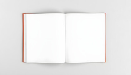 Open blank brochure on light grey background, top view, cinematic. White tone