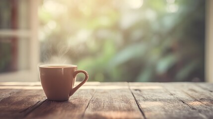 Obraz premium A steaming coffee cup on a rustic wooden table, bathed in soft morning light.