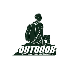 Mountain climber hiker silhouette, Hiker mountain climber adventure logo design vector template