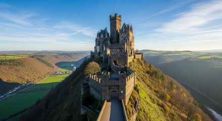 Majestic hilltop castle overlooking verdant valley and river under blue sky