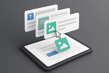 3D Layered Interface Panels Floating Above Tablet with Drag-and-Drop Elements