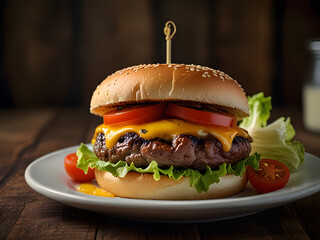 Juicy gourmet cheeseburger with fresh lettuce and tomato on a sesame seed bun