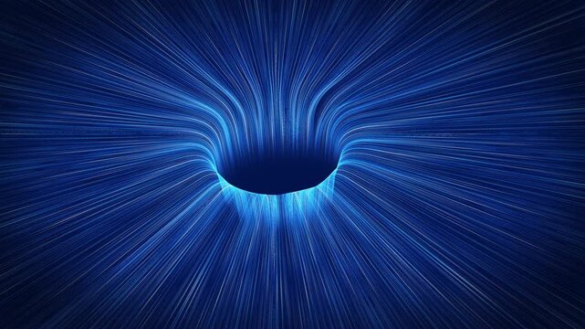 Abstract glowing blue light stream converges into a black hole on a dark background. Futuristic concept of data flow, AI, energy vortex, cyberspace, and technology. Loop video includes luma matte