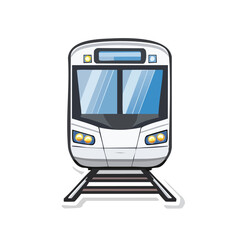 Front view of a modern white train with large windows, on tracks, ready to transport passengers.