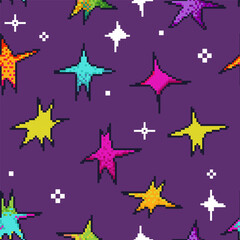 Colorful pixel art style stars in seamless pattern design. Vector vintage video game festive illustration for wrapping paper, textile or merchandise.