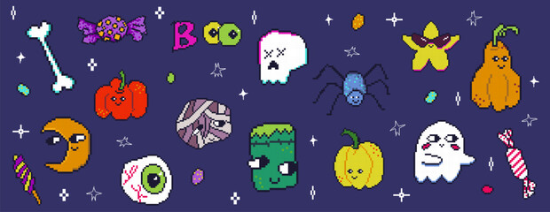 Set of pixel art Halloween elements with ghosts, pumpkins, monsters and bones. Vector illustrative collection for spooky season graphics, holiday merchandise, and festive game assets.