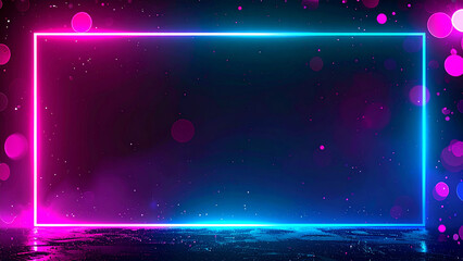 Futuristic stage with a vibrant pink and blue neon glowing frame set against a dark background with sparkling bokeh lights and a reflective surface