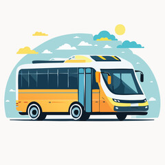 Illustration of a yellow and white bus with open door, parked on a road, with a blue sky background.