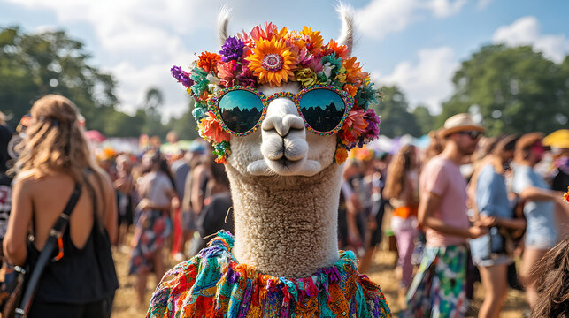 Humorous alpaca in colorful retro hippie clothes with rainbow sunglasses and flower headdress, outdoor summer concert crowd, carnival festival vibe, bohemian flower child fashion animal, 3D surreal ar