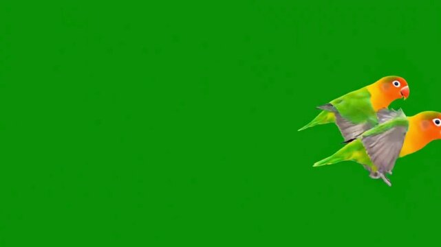 Two colorful lovebirds flying in front of a solid green background.