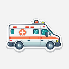 Cartoon illustration of a white ambulance with orange stripes and a red cross on the side.